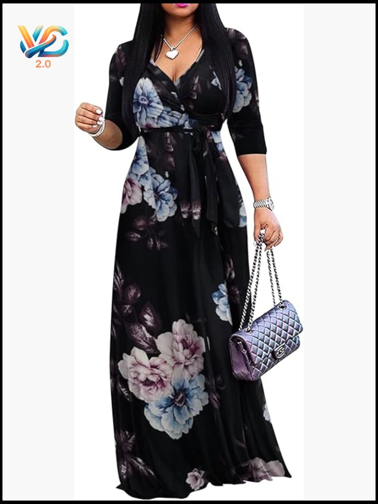 Plus Size Maxi Wrap Dress With Pockets V-Neck 3/4 Sleeve